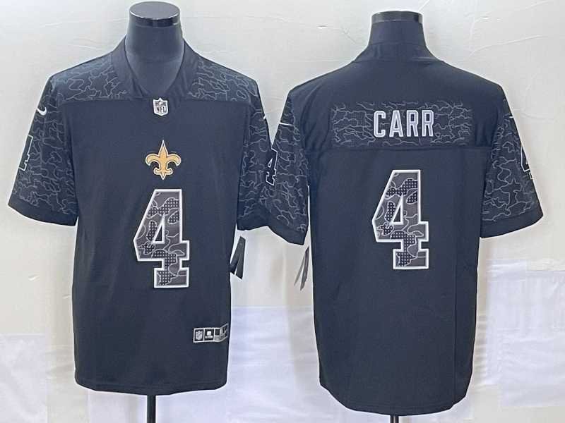 Men%27s New Orleans Saints #4 Derek Carr Black Reflective Limited Stitched Football Jersey